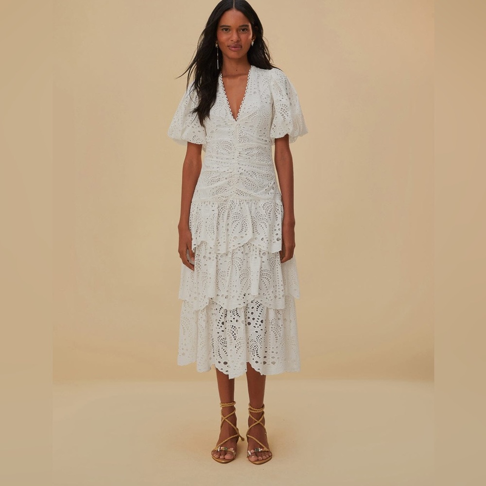FARM Rio White Eyelet Tiered Midi Dress